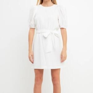 English Factory Check Print Mini Dress Belted Waist Puff Sleeve White Small